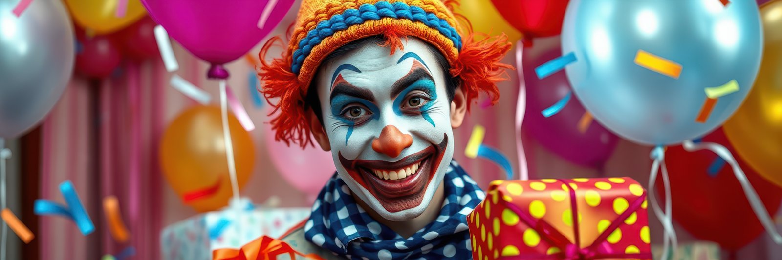 Cheerful clown entertaining at a festive birthday party surrounded by balloons and gifts